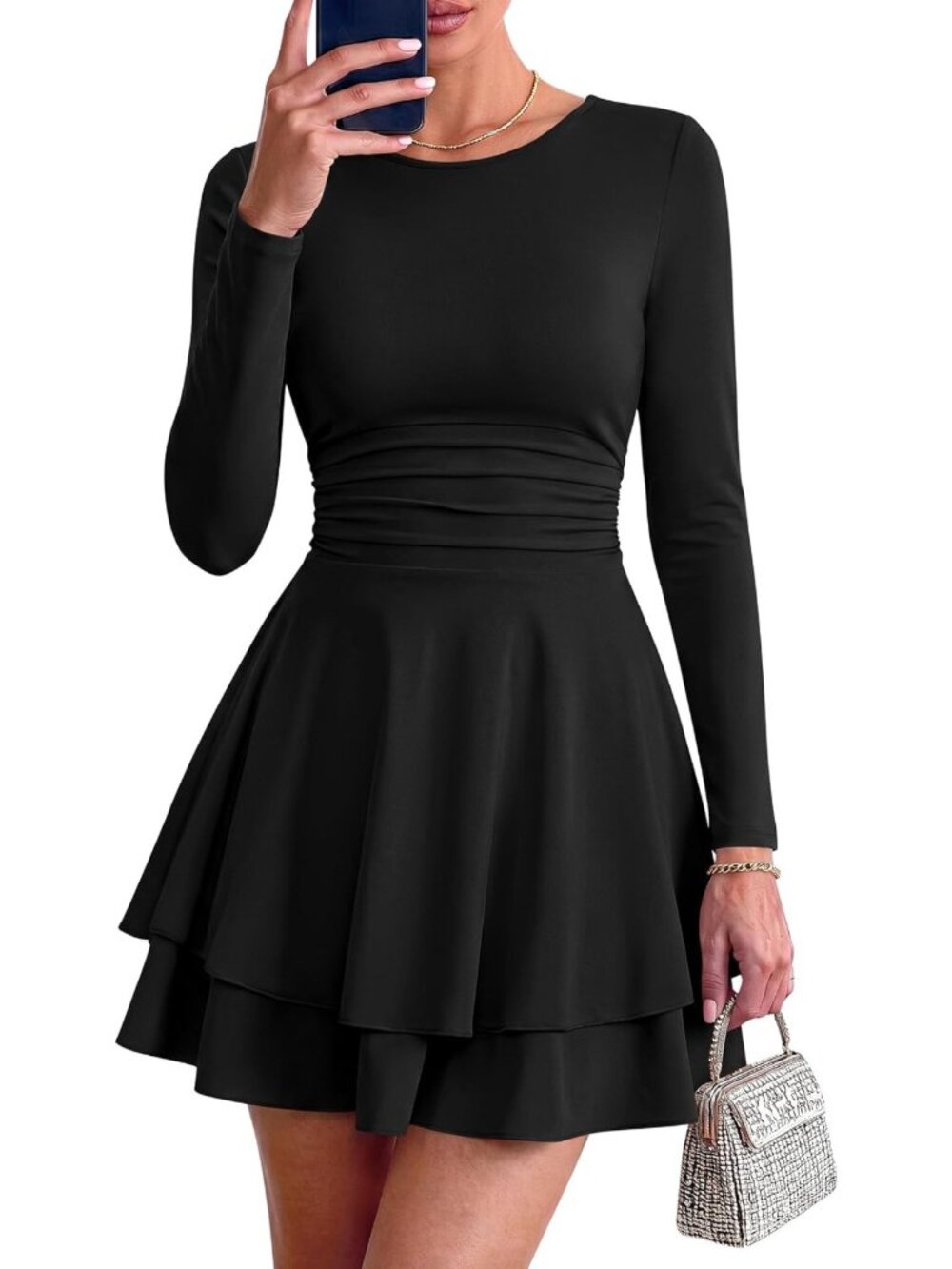 Chic Women's Fit and Flare Mini Dress - Long Sleeve Crewneck, Perfect for Any